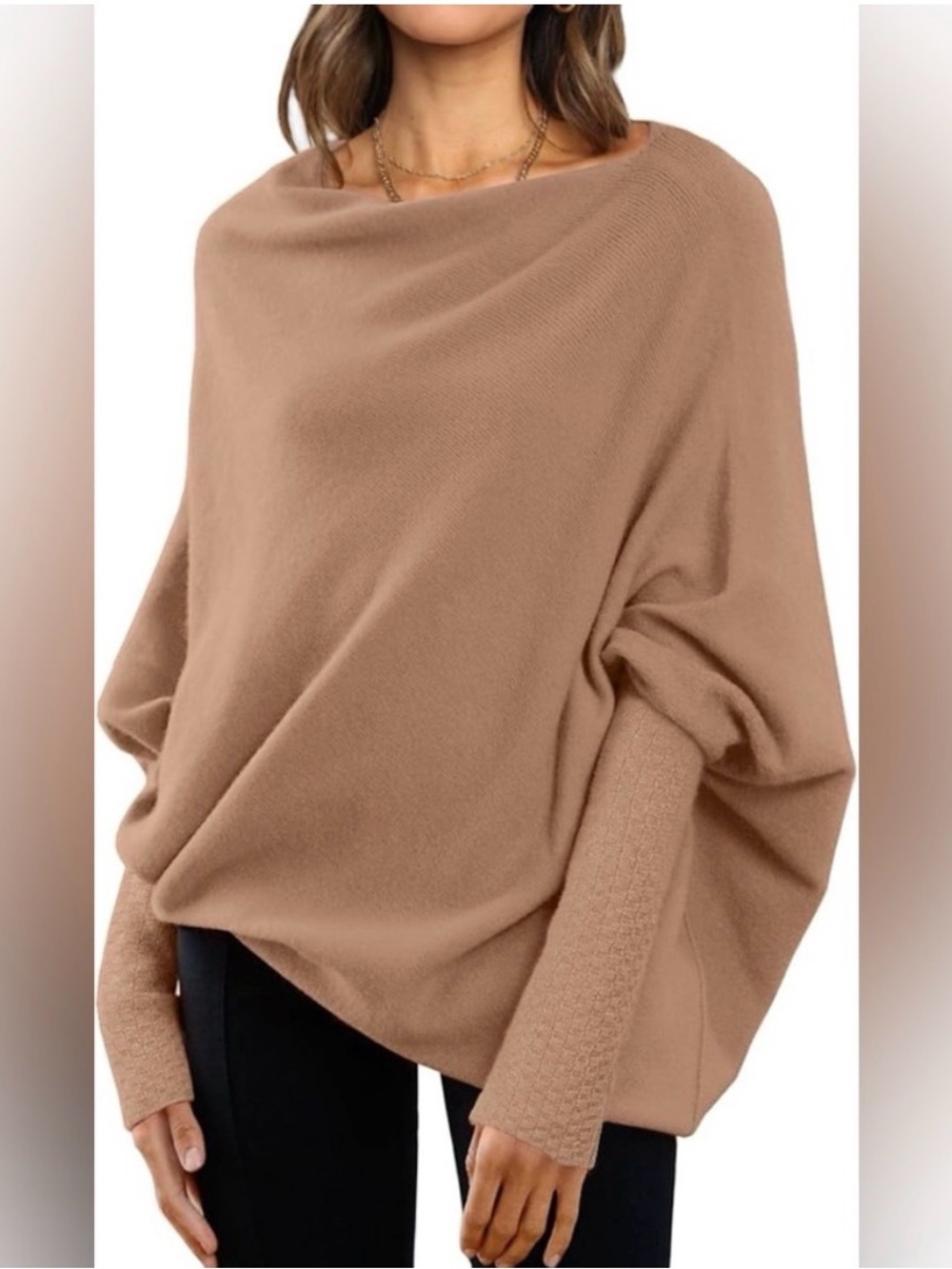 Women's Cozy Oversized Batwing Sweater - tan brown